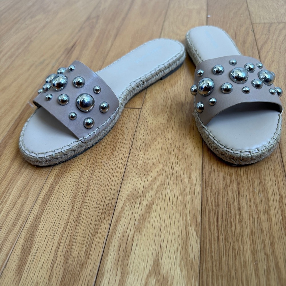 Marc Fisher Women Studded Espadrille Slide Sandals Tan Beige Silver 9M